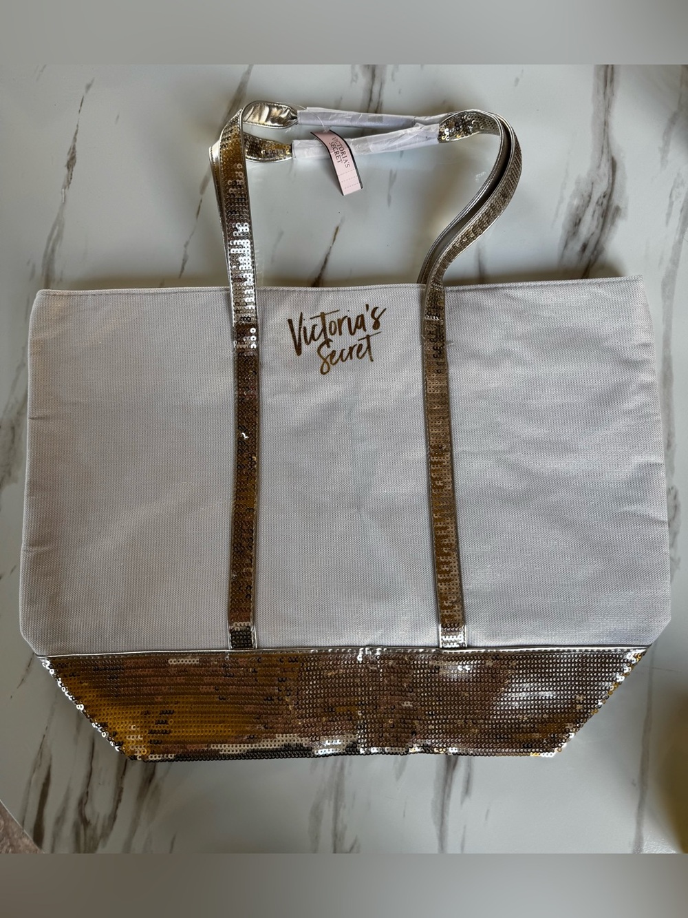 Victoria's Secret White and Gold Sequin Tote Bag